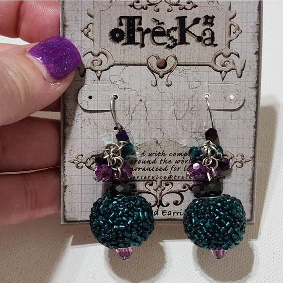 Treska Teal Purple Beaded Drop Earrings Boho Crystal Accent Dangle Silver Tone